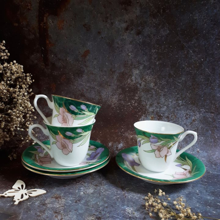 Set tách men bóng họa tiết vẽ vàng, viền vàng Yumi Katsura